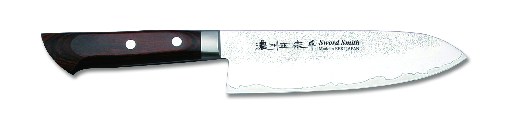 濃州正宗作 8A割込鋼 梨地仕上 三徳包丁（茶）
